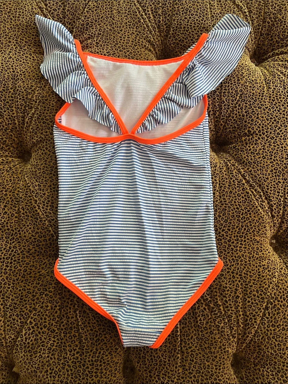 Mini Boden Girls One-Piece Swim - Navy & White Stripes with Orange Trim